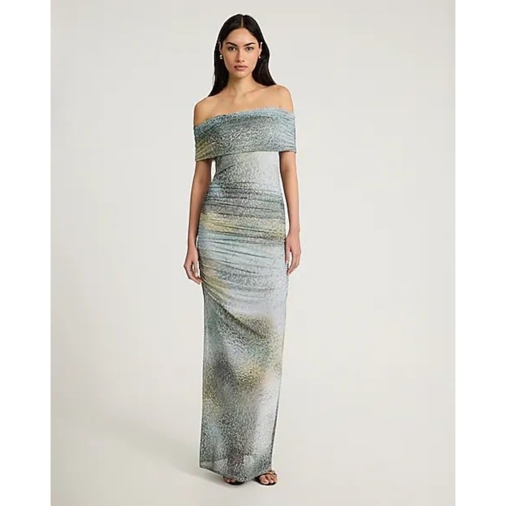 Express Womens Abstract Print Ruched Off The Shoulder Mesh Maxi Dress Green M
